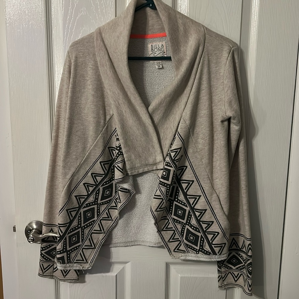 Billabong open front cardigan with tribal print detail, shawl collar